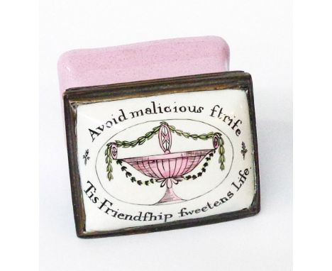A late 18th Century Bilston enamel patch box with motto to hinged lid "Avoid malicious strife, 'Tis friendship sweetens life"