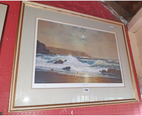 Peter Cosslett: a gilt framed signed limited edition coloured print entitled "Moonlit Sea" - 343/850 and bearing TP blindstam