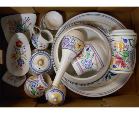 A box of assorted Poole Pottery items including vases, preserve pot, plates, etc.