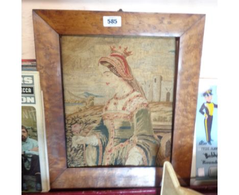 An antique panel backed tapestry portrait of a queen - loose in maple frame