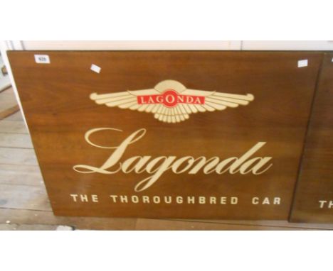 A vintage polished Italian walnut dealership sign for Lagonda The Thoroughbred Car, with transfer text and logo - 24" X 36"