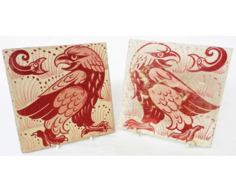 A pair of William de Morgan ruby lustre tiles depicting the Eagle and the Snark - one rubbed