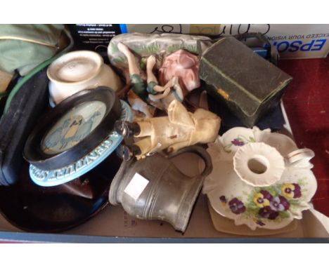 A box of assorted collectables including pewter measure, ashtray, decimal coin sets, etc.