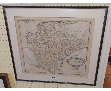 Robert Morden: a Hogarth framed antique hand coloured map print of Devonshire with plate marks to border