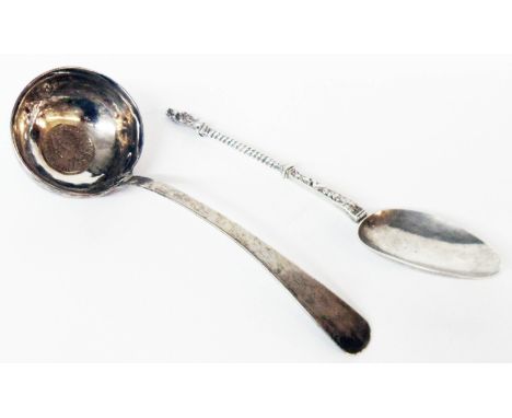 A Dutch silver apostle spoon with rat tail bowl and decorative stem - bowl back marks - sold with a damaged George II brandy 