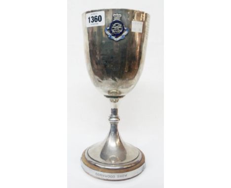 A 10 3/4" high silver trophy goblet with applied enamel badge for 2nd Devon Volunteer Artillery (Western Division), set on po