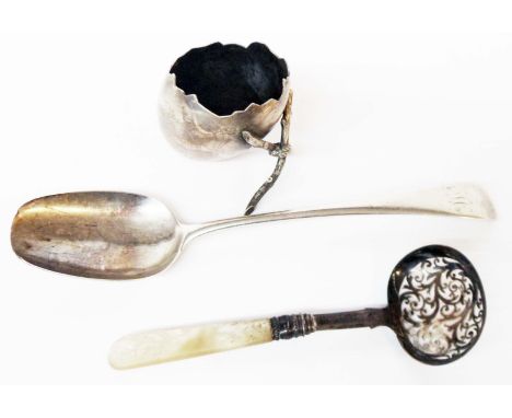 A Victorian silver sifter ladle with mother-of-pearl handle, a damaged Georgian table spoon and a white metal ovoid pot with 