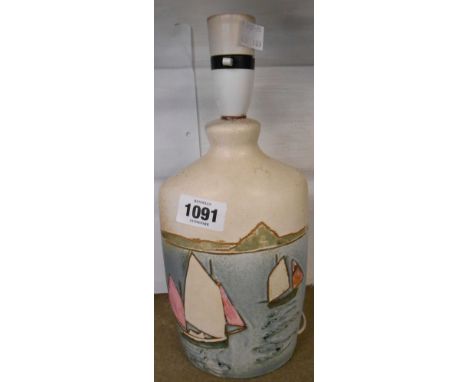 A Tremaen Pottery lamp base depicting sailing boats off a coast