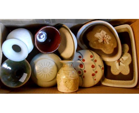 A box of assorted studio pottery including Marianne de Trey, David Leach, etc.- there is a firing crack to the lid of the Dav