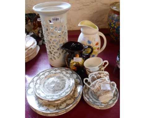 A Radford pottery jug, West German jug and studio pottery candle holder - sold with a part tea set