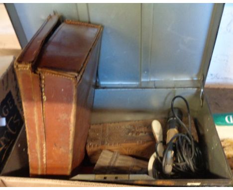 A deed box and another box containing various items including Lucerne trinket boxes, attaché case, carved Black Forest bear, 