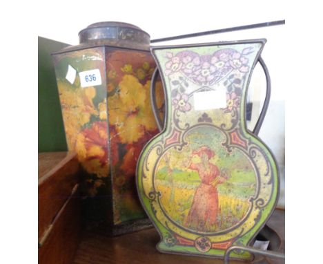 A vintage hexagonal tin - sold with an urn pattern tin