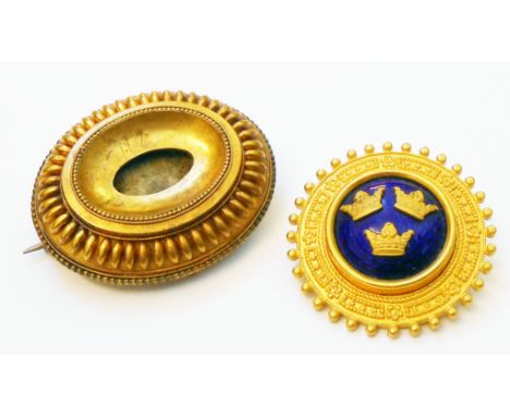 A gilt and blue enamel Three Crowns brooch, Spooring &amp; Co., Stockholm - sold with a damaged mourning brooch