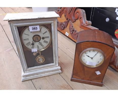 A later painted cased American shelf alarm clock with visible pendulum - sold with an Art Deco oak sunburst cased mantel time