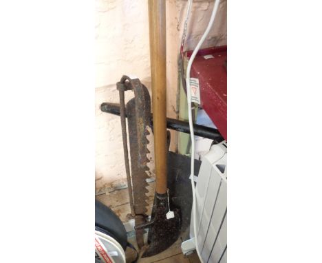 A vintage long handled billhook - sold with a chimney crook and a hay knife