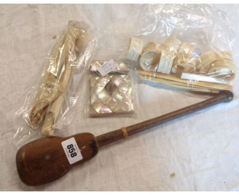 A set of late 19th Century Chinese opium scales with bone stem, weights, and pan - sold with mother of pearl clad card case, 