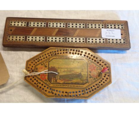 A souvenir cribbage board with painted view of Margate and label for Bettisons Library - sold with an inlaid board
