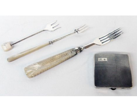 A Vogue silver compact case with engine turned decoration and M.S. initials - sold with a silver fruit knife with mother-of-p