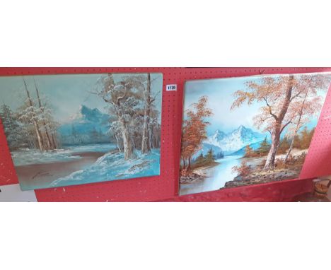 Two modern stretchered oils on canvas, both depicting river mountain landscapes - sold with a decorative framed limited editi