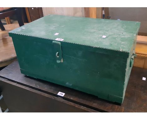 A 26 1/2" 20th Century green painted pine and iron bound tool chest with heavy latch and flanking handles