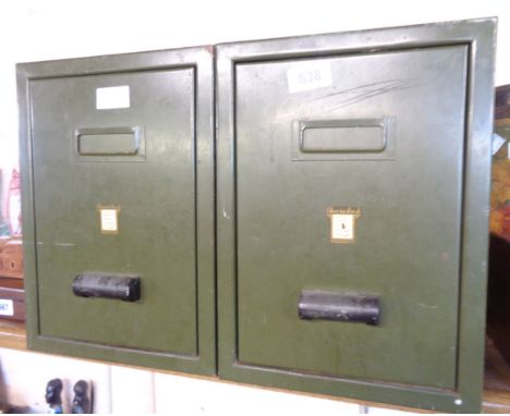 A pair of 9 1/2" vintage Amselock green painted metal filing boxes - some wear to finish