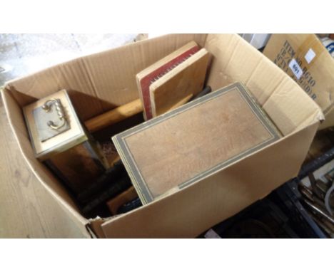 A box of assorted items including vintage icing set, carved wood crocodiles, coat hangers, etc.
