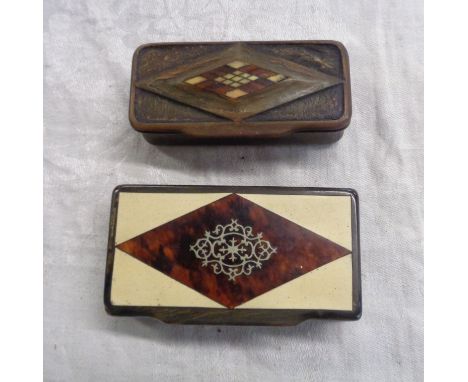 A horn snuff box with inset tortoiseshell and bone panels - sold with a rustic similar