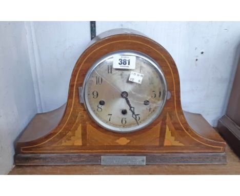 A 1930`s inlaid walnut cased Napoleon hat mantel clock, bearing presentation plaque - a/f