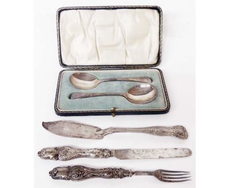 A silver fruit knife and fork, silver fish knife - various damage - sold with a cased pair of dessert spoons - Sheffield