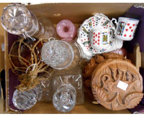 A box of assorted china and glass including four decanters, fishing float, two pink art glass vases, Elizabethan Playing Card