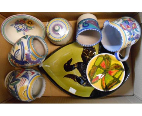 A box containing assorted Poole pottery vases, bowls, dishes, etc.