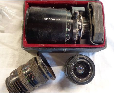 Three camera lenses comprising strobe, Sigma Zoom Master, Tamron, etc. - tired condition