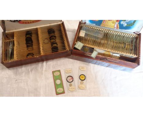 Two cigar cases containing W. Watson and other microscope slides including geological samples, etc.