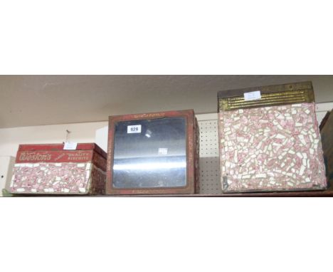 Three vintage shop display biscuit tins - all clad in pink transfer print china mosaic