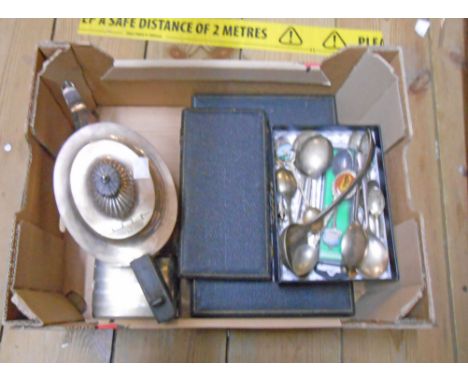 A silver plated teapot and cigarette case - sold with cased horn handled steak knives, harlequin knife, fork and spoon set, e