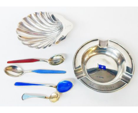A Walker &amp; Hall silver ashtray from the S. S. John Holt with enamelled pennant to centre - sold with a silver shell shape