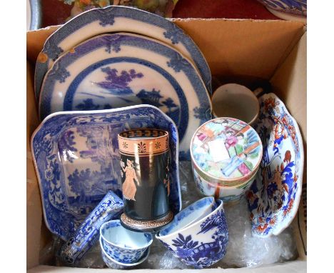 A small box of assorted china including Chinese Famille Rose lidded jar, blue and white plates, Copeland Spode Italian dish, 