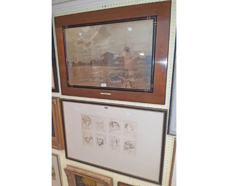 A Hogarth framed eight image on block pressed paper, depicting ink drawn line sketches of Oriental male heads - sold with a f