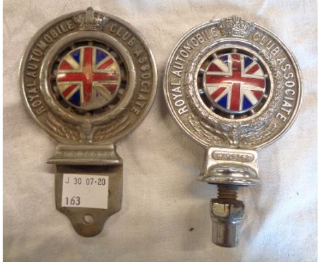 Two 1930`s RAC enamelled car badges - one with date card to back, the other with enamel damage