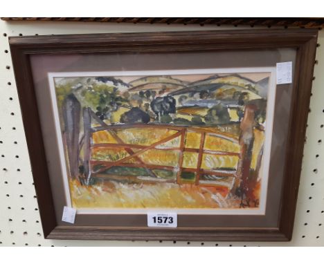 Alan V: a framed watercolour, depicting a field gate - signed and dated 96