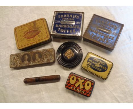 Two vintage Farrah's Toffee tins, Nutbrown Tobacco tin, compact, etc.