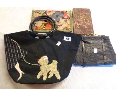 A vintage handbag with embroidered lady and poodle decoration - sold with a black ostrich leather clutch, a painted silk and 