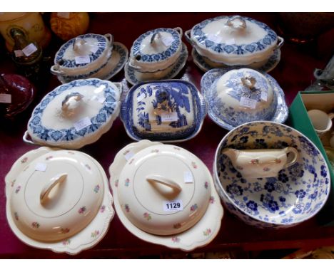 A Bovey Tracey Chinese Pagoda pattern muffin dish, Royal Staffordshire Clarice Cliff tureen, and other similar items
