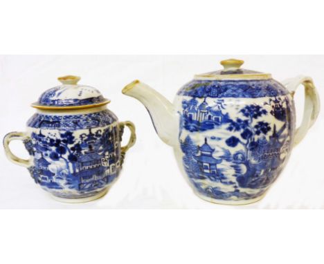 A Chinese export blue and white teapot and sucrier with hand painted Willow pattern and double twist handles