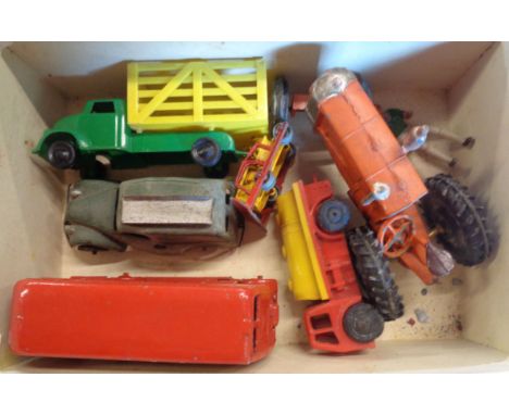 A small box of vintage die cast and other cars including Tri-ang Minic clockwork van, etc.
