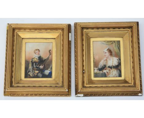 A miniature painting on ivory, 19th century, of a lute player, together with the companion portrait of a lady, each 11 X 9cm.