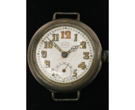 A silver cased trench type wristwatch white enamel dial signed EWS with luminous Arabic numerals and subsidiary second dial, 