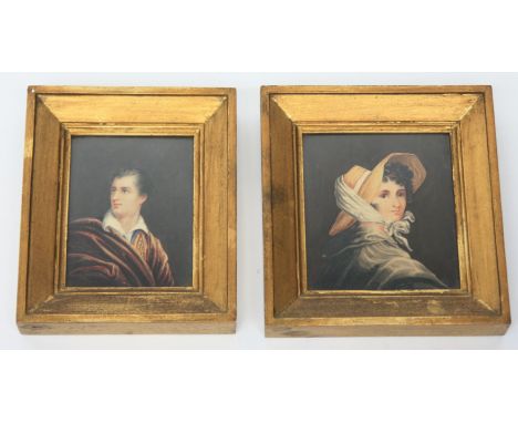 A 19th century watercolour portrait of Lord Byron, 15 x 11cm, gilt framed, together with a similar portrait of Lady Caroline 