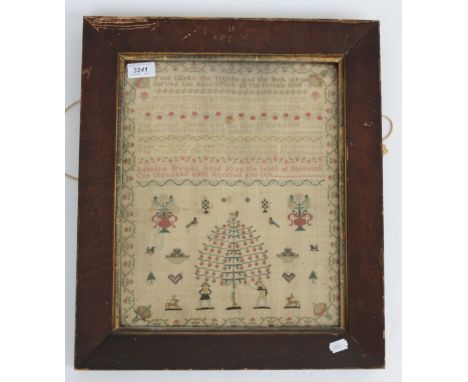 A Regency sampler, worked by Rebecca Brewitt, aged 10, November 1810 with lines of verse, tree of life, Adam and Eve, animals