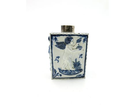 A Bovey Tracey press moulded and underglaze painted tea caddy, late 18th century, with replacement white metal lid, height 13